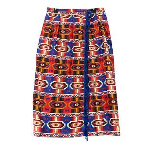 Silk Club Wrap Skirt‎ Women M Southwestern Tribal Print Fringe Tie Boho Festival